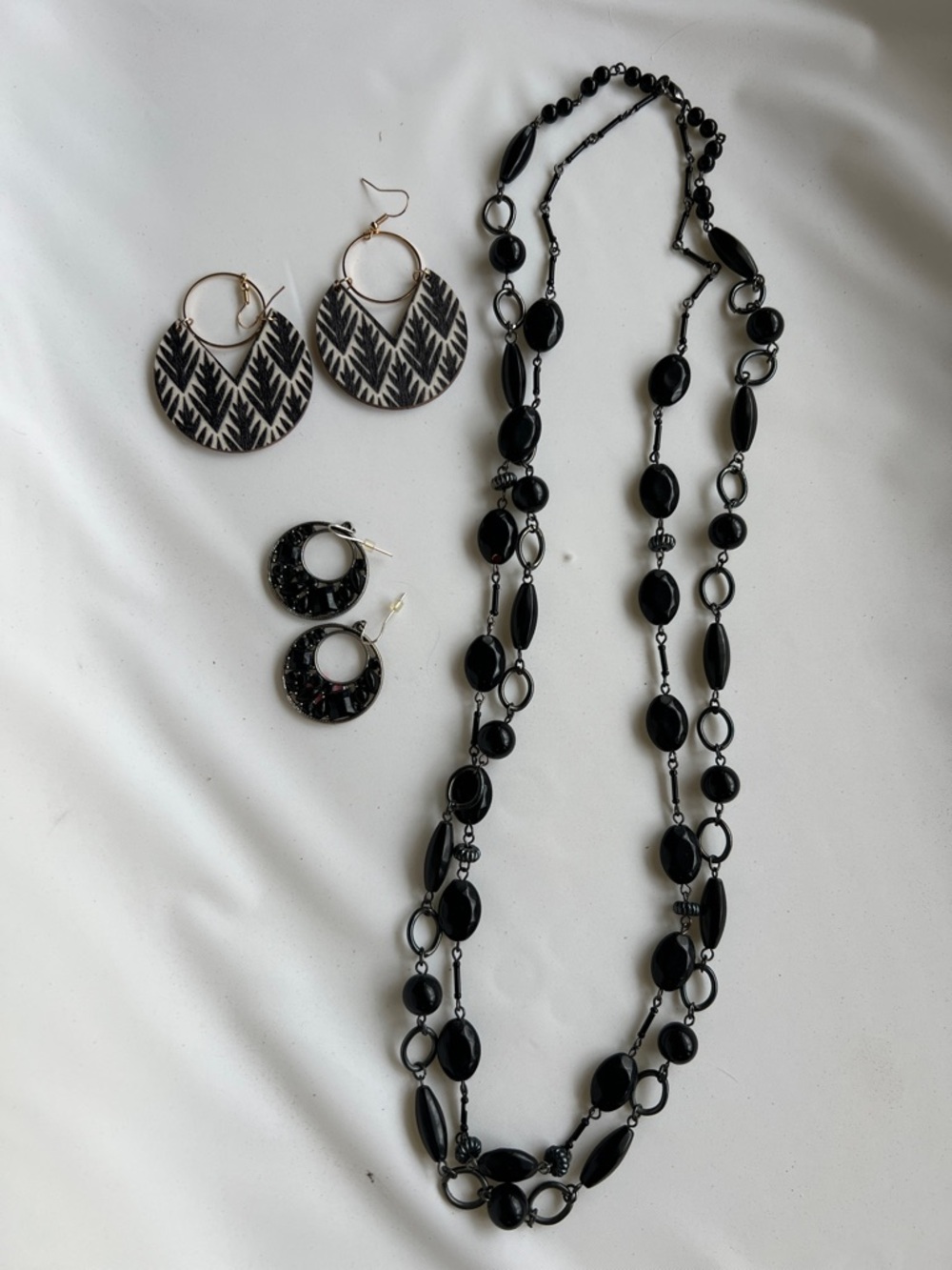 Black Beaded Long Necklace with Black Hoop Earrings - Women Jewelry